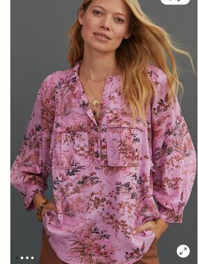Pilcro Anthropologie Size L Camicia Utility Henely Blouse Pink Bird Floral Boho